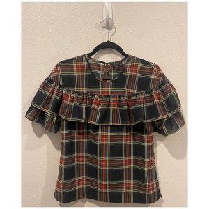 J.CREW Stewart Plaid Ruffle Top Short Sleeve Blouse